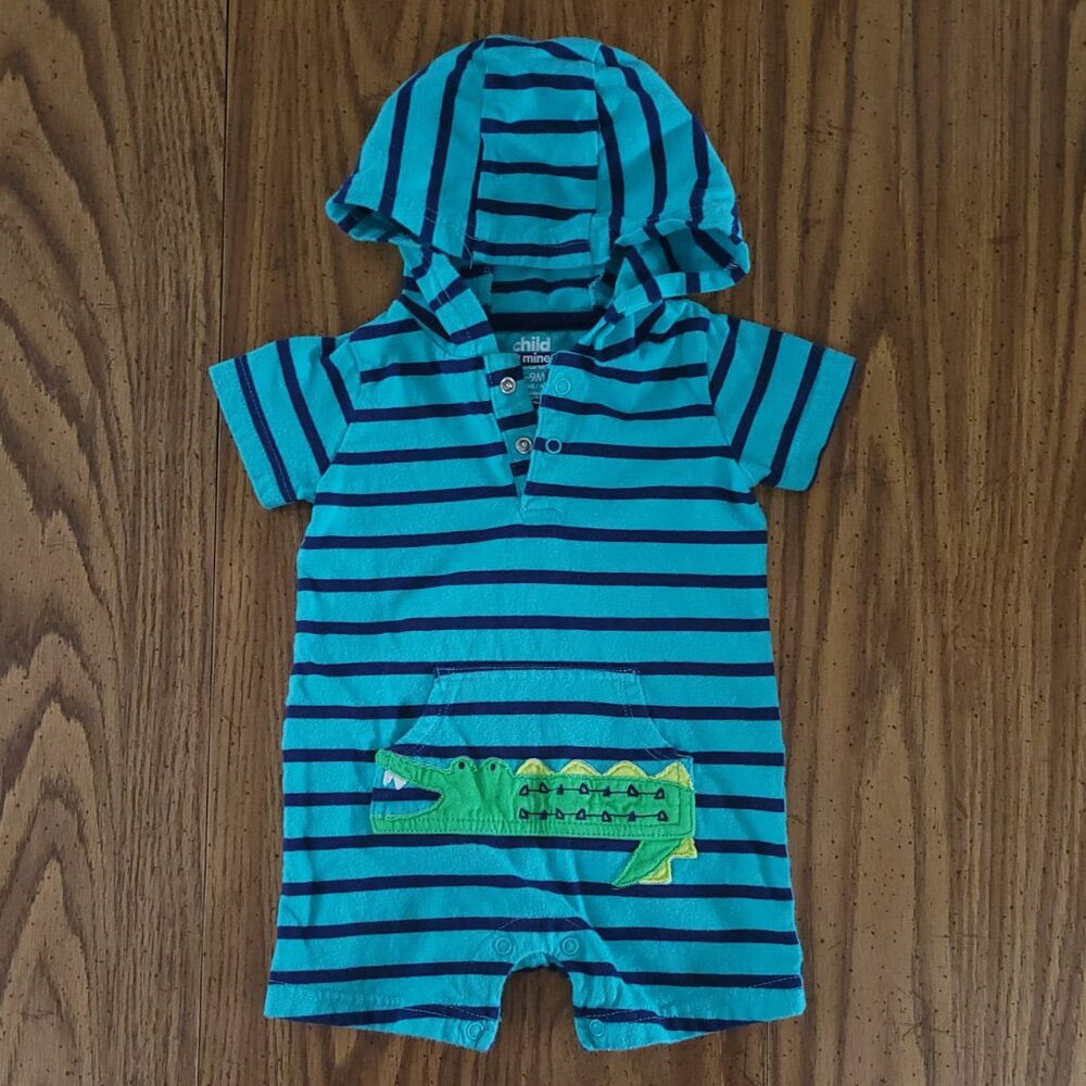 Child of Mine Carter’s Baby Boy Hooded Romper 6-9M Blue Stripe Alligator